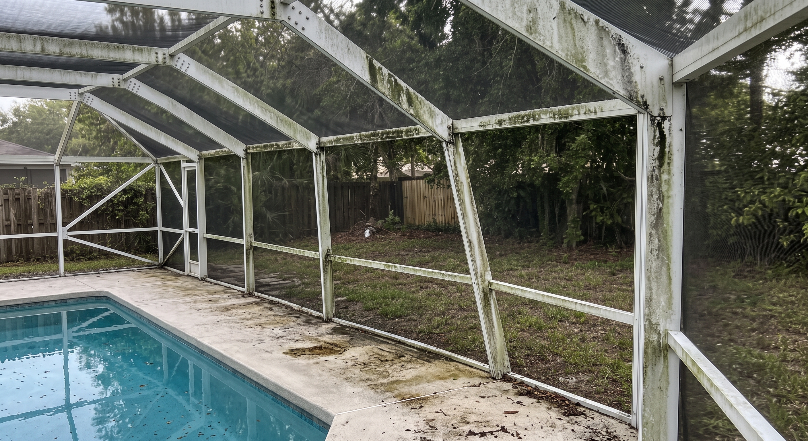 Old pool cage before restoration: dirty frame, torn screens, and mold